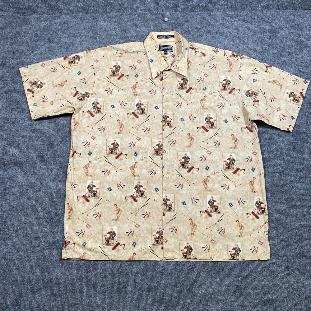 The Saturday Evening Post Mens Large Vintage Golf Print Cotton Button Down Shirt